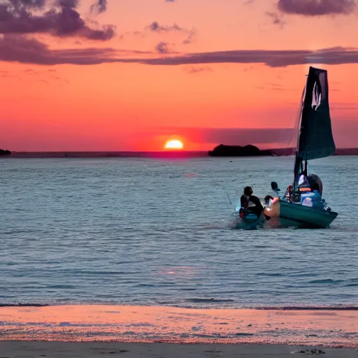 Image similar to sailboat stuck on sandbar at low tide, sunset, star wars ewoks helping to push it in water, ewoks