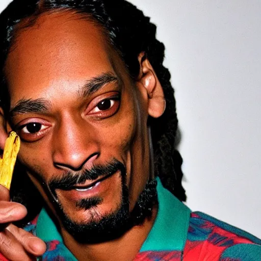 Image similar to Snoop Dog with big eyes eye color red , smiling and holding a joint in his hand