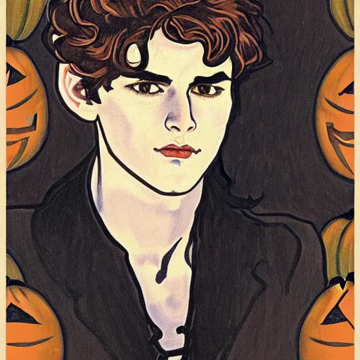 Image similar to painting of young cute handsome beautiful dark medium wavy hair man in his 2 0 s named shadow taehyung at the halloween pumpkin jack o'lantern party, depressed, melancholy, autumn, japan, elegant, clear, painting, stylized, delicate, soft facial features, delicate facial features, soft art, art by alphonse mucha, vincent van gogh, egon schiele