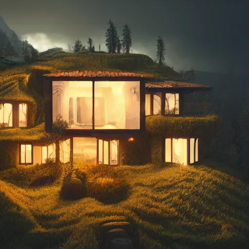 Prompt: ! dream small hillside house made of honey and milk, modern lighting, hyper - realistic, hyper - detailed, 8 k, octane rendered, art nouveau, organic, flowing, impossible torsion, writhing, dusk, lush, dynamic, in the style of ross tran