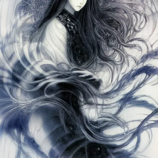 Image similar to yoshitaka amano blurred and dreamy realistic illustration of a japanese woman with black eyes, wavy white hair fluttering in the wind wearing elden ring armor with engraving, abstract patterns in the background, satoshi kon anime, noisy film grain effect, highly detailed, renaissance oil painting, weird portrait angle, blurred lost edges, three quarter view