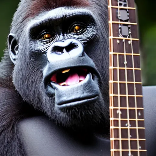 Prompt: gorilla playing bassguitar, very detailed, professional award winning photo