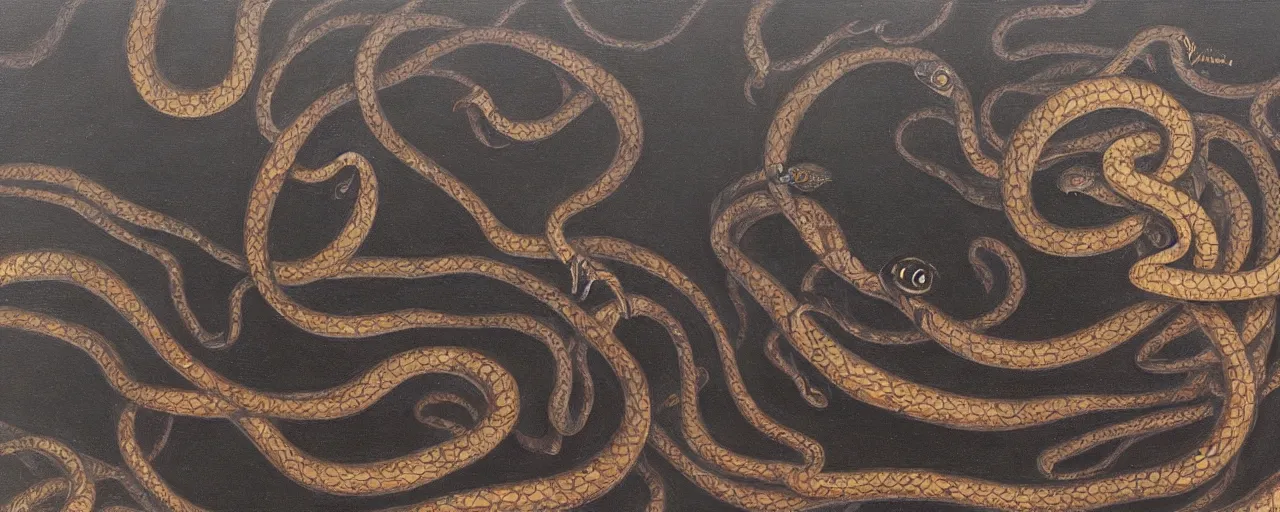 Prompt: a detailed oil painting of a dark void full of snakes in the style of Bob Ross and Giger