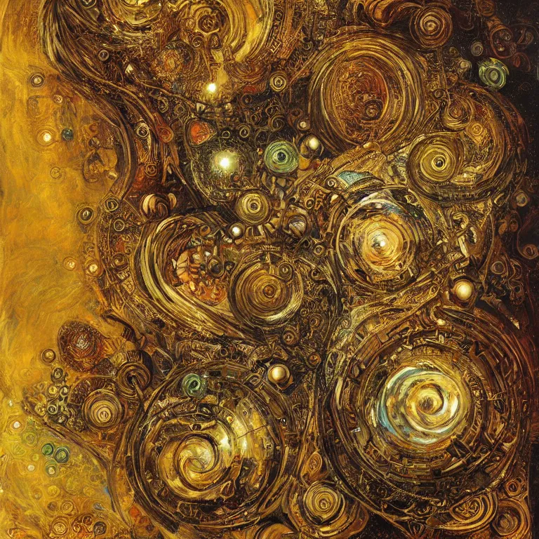 Image similar to Divine Chaos Engine by Karol Bak, Jean Deville, Gustav Klimt, and Vincent Van Gogh, celestial, visionary, sacred fractal structures, ornate gilded medieval icon, spirals, 8k 3D