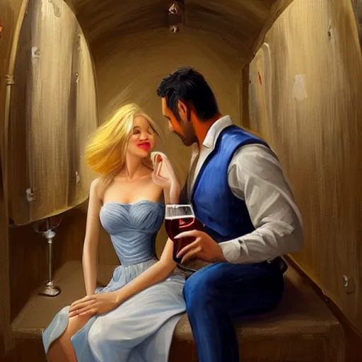 Image similar to blonde woman and Jango Fett drinking beer in a wine cellar, atmospheric, aphrodisiac, romantic, cozy, inviting, love, painting by Vladimir Volegov