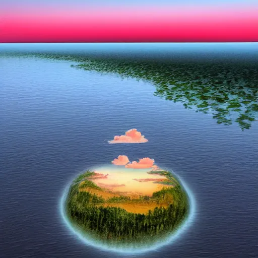 Prompt: floating island landscape over an ocean, lightly cloudy skies above at sunset, hyper realistic 3D beautiful awe inspiring