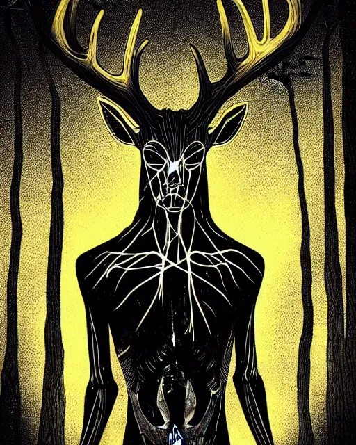 Prompt: Style Tim Jacobus and Rafael Albuquerque,Wendigo with long antlers, deer face skeletal, full body, symmetrical face, yellow eyes, fully detailed face, attacking a woman in the woods, night time, full mood, fog, realistic, scary, horror