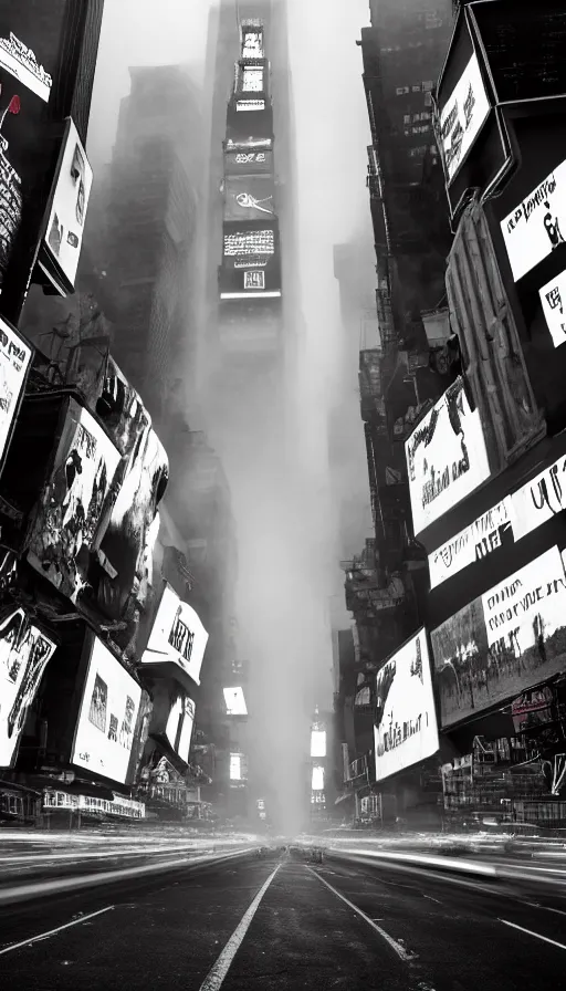 Image similar to 8k high resolution photograph of cyber punk New York Times Square on a foggy night, futuristic, wires hanging across the street, flying cars