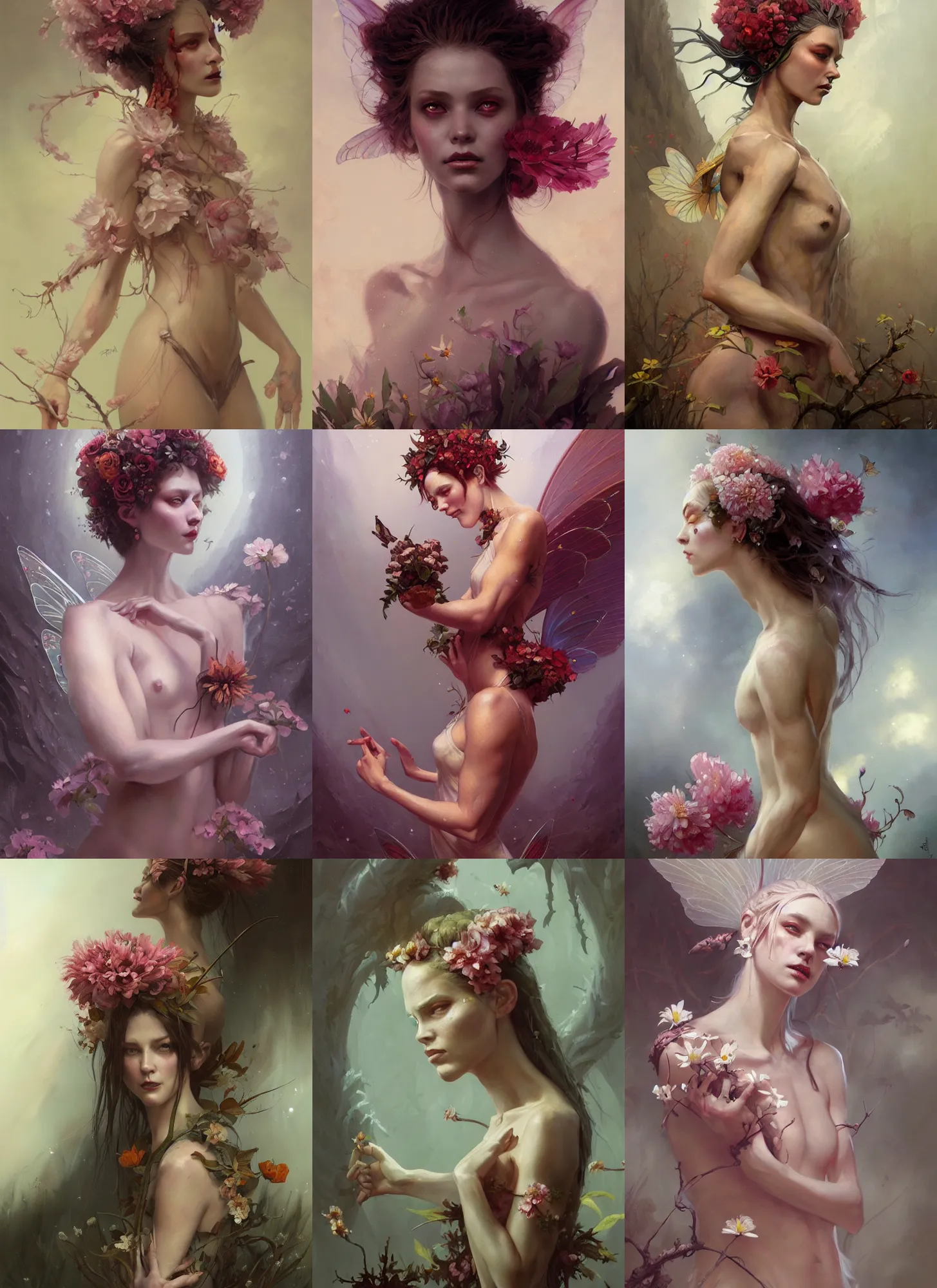Prompt: a painting of a flower fairy, a character oil on canvas portrait by gerald brom and greg rutkowski, masterpiece, fantasy art, grotesque, artstation hq