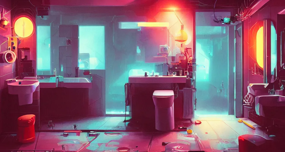 Prompt: IKEA catalogue photo of a cyberpunk bathroom, by Paul Lehr, 8k, HD, realistic, cinematic, artstation, details