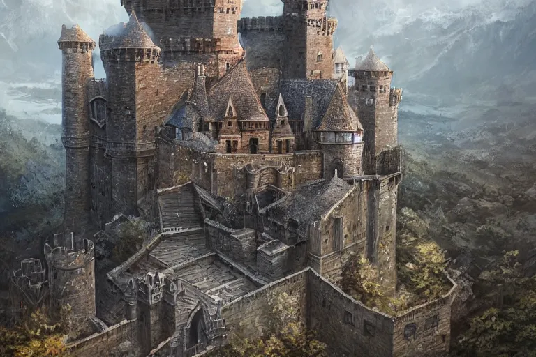 Image similar to A big keep overlooking the castle below it, metal, iron, texture, intricate, details, highly detailed, masterpiece, architecture, building, trending on artstation, focus, sharp focus, concept art, digital painting, fantasy, D&D, tabletop, rpg, roleplay