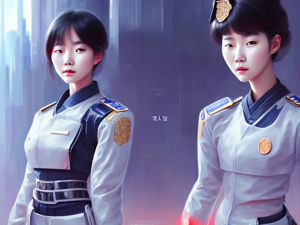 Image similar to portrait futuristic korea police uniform girl, at future neon light rooftop, ssci - fi and fantasy, intricate and very very beautiful and elegant, highly detailed, digital painting, artstation, concept art, smooth and sharp focus, illustration, art by tan zi and ayanamikodon and alphonse mucha and wlop