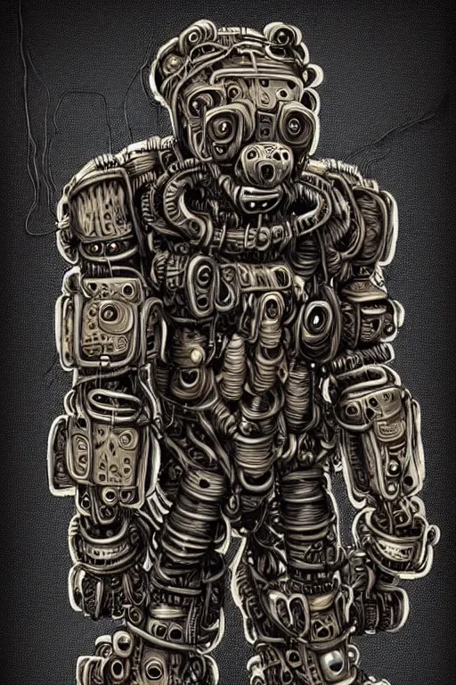 Image similar to wild monstorous anthropomorphic biomechanical bear warrior wearing dreadlocks made of cables and wires. Upgraded with hightech cyberwares. huge, big, giant bear human hybrid, mecha animal, tall, detailed woodcut armor, terrifying and dangerous, scary, beautiful, steampunk monster android hybrid art portrait, matte scifi fantasy painting, half robot half bear. DeviantArt Artstation, by Jason Felix by Steve Argyle by Tyler Jacobson by Peter Mohrbacher, cinematic lighting