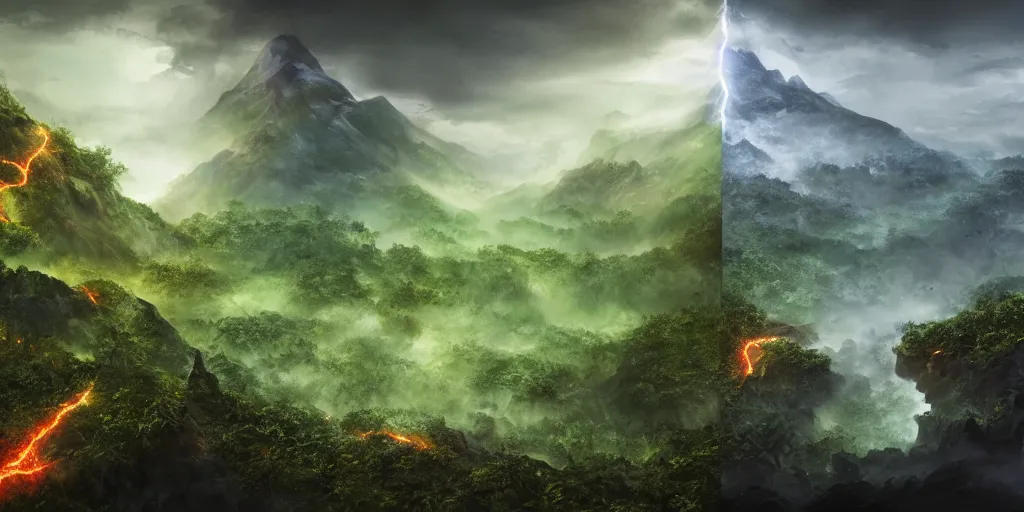 Image similar to boundary of two lands, green wild jungle vs dark mountain with lava, magic and lightning, epic, fantasy, D&D, intricate, upper body, highly detailed, sharp focus, cinematic lighting