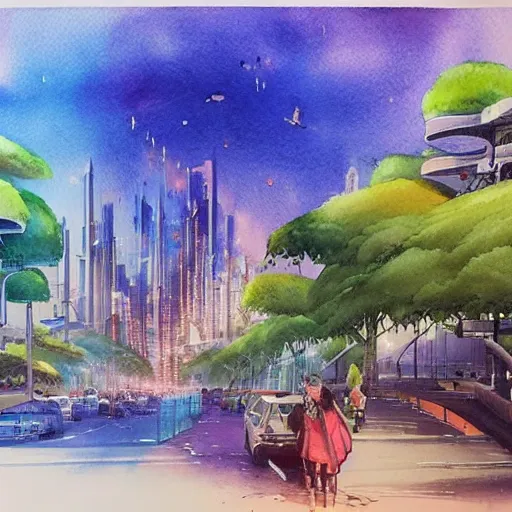 Image similar to Beautiful happy futuristic city in harmony with nature. Nice colour scheme, soft warm colour. Beautiful detailed watercolor by Lurid. (2022)