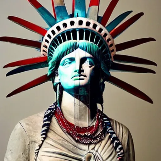 Prompt: a beautiful statue of liberty sculpture designed by Sandra Chevrier, american indian headdress, American stars and stripes on face, by Annie Leibovitz