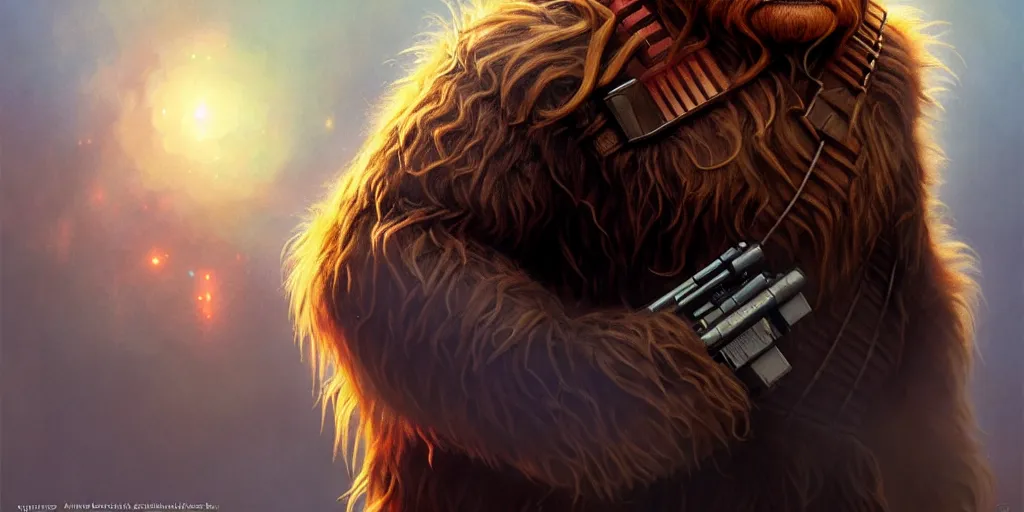 Image similar to will ferrell as chewbacca, cinematic, highly detailed, digital painting, artstation, concept art, matte, sharp focus, illustration, art by artgerm and greg rutkowski and alphonse mucha