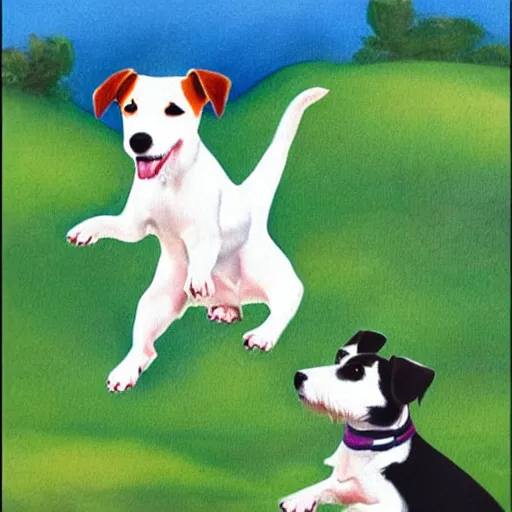 Prompt: a parson russell terrier dog jumping in the air, children's illustration