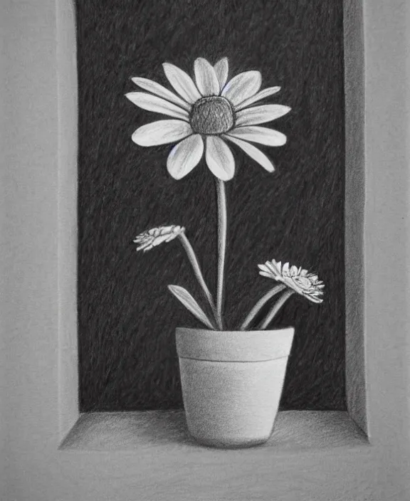 Image similar to a pencil drawing of a flower in a clay pot on a window sill. by pen tacular