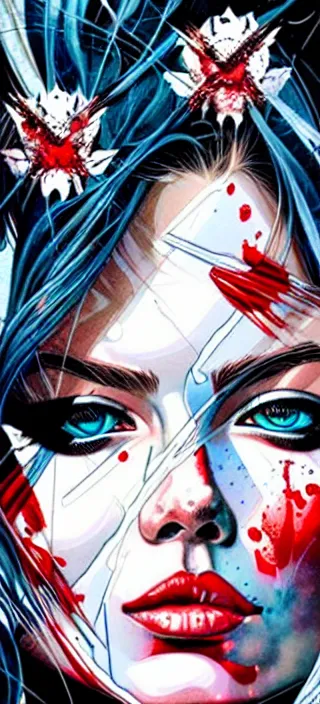 Image similar to blood in ocean intricate details by MARVEL comics and Sandra Chevrier