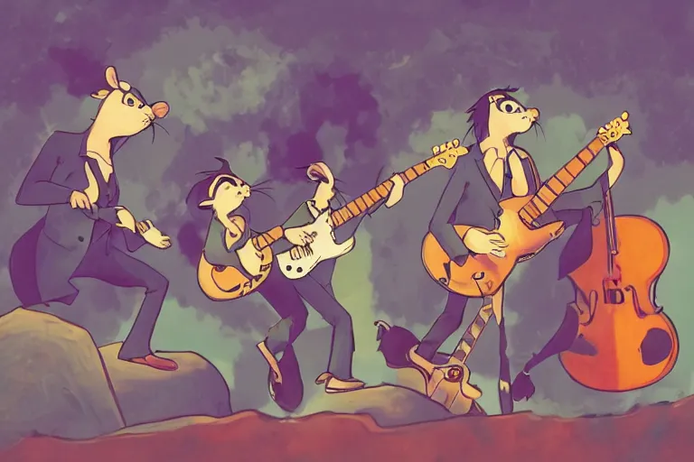 Prompt: rats playing in a rock band inspired by the beatles, art style by disney, studio ghibli, pixar, intricated, beautiful, dreamlike, 7 0 s pallete, high quality, trending on artstation