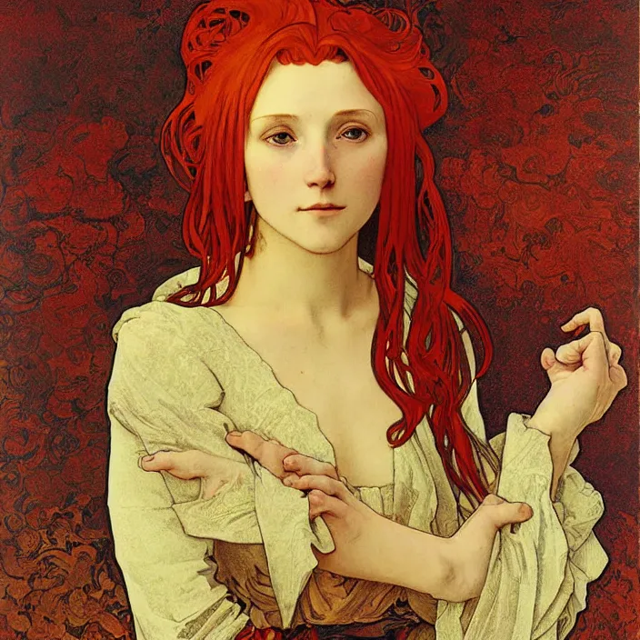 Prompt: A portrait of one-piece character red-haired Shanks, full-length, oil painting in a renaissance style , very detailed, gold background, painted by Alphonse Mucha.