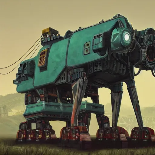 Prompt: giant scary quadrupedal mining machine, four legs, highly detailed body, retro, industrial, in the style of simon stalenhag