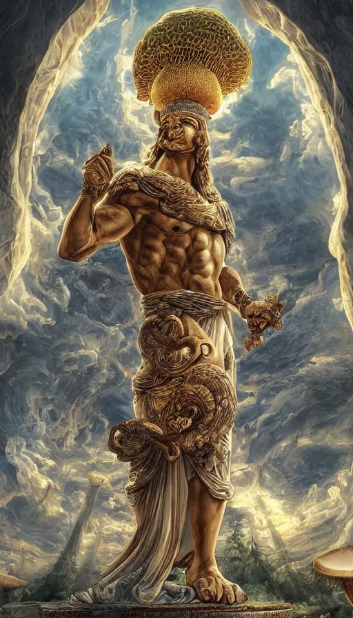 Prompt: a masterpiece hyperdetailed dnd tarot card, magnificent mushroom deity as depicted in a colossal greek marble statue ( with godlike perfect bodybuilder physique ), hd tarot card depicting monumental statue of a noble mushroom god with cute large mushroom hat, hdr, 8 k, artstationhq, digital art