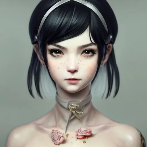 Image similar to a beautiful royal young axewoman executer looks happy, art by ilya kuvshinov lois van baarle ross tran range murata artgerm katsuhiro otomo norman rockwell. marble sculpt highly detailed intricately sharp focus mystically trending deviantart, pinterest, vogue italia, unreal engine 5, 4 k uhd image