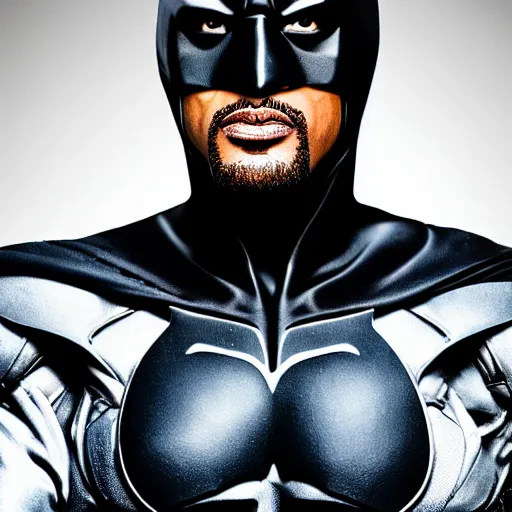 Image similar to of a photo of will smith as batman with a serious face looking at the camera, f 2. 8