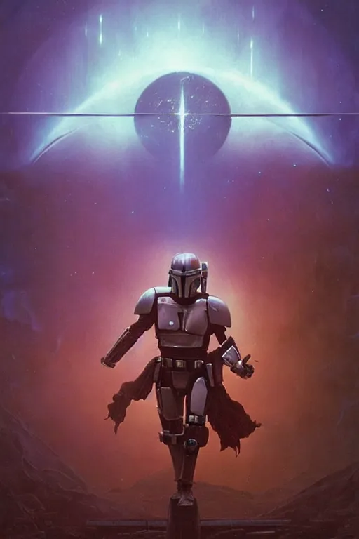 Prompt: backlit dramatic cinematic mandalorian powerful pose by beksinski on a backlit background with destroyed planets , x-wing and atomic bomb explosion, backlight