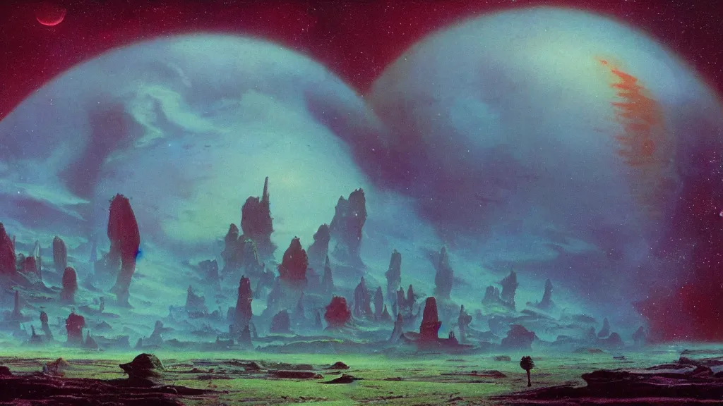 Image similar to otherworldly atmosphere of an evolving alien planet by arthur haas and bruce pennington and paul lehr, cinematic matte painting