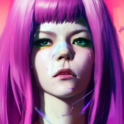 Prompt: cyborg girl with fangs, purple and pink hair, realistic shaded lighting poster by ilya kuvshinov katsuhiro otomo, magali villeneuve, artgerm, jeremy lipkin and michael garmash and rob rey