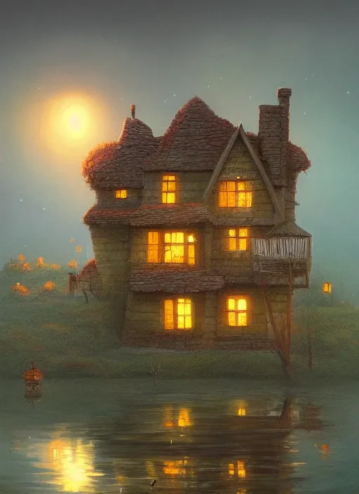 Image similar to painting of a house by a lake at night, a storybook illustration by gediminas pranckevicius, featured on artstation, fantasy art, storybook illustration, artstation hq, atmospheric