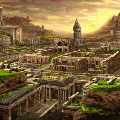 Image similar to sprawling roman city built in the roots of a collosal tree, wide shot, digital art, detailed, fantasy