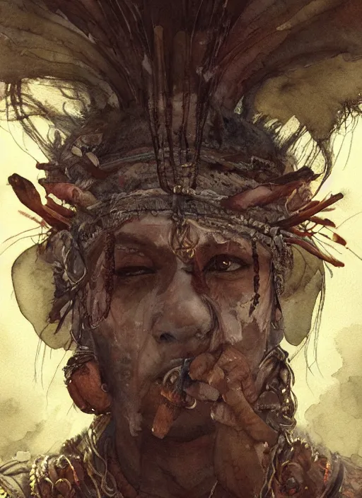 Image similar to portrait, blind Indian shaman wearing giant rabbit skin, watercolor, dramatic lighting, cinematic, establishing shot, extremely high detail, foto realistic, cinematic lighting, pen and ink, intricate line drawings, by Yoshitaka Amano, Ruan Jia, Kentaro Miura, Artgerm, post processed, concept art, artstation, matte painting, style by eddie mendoza, raphael lacoste, alex ross