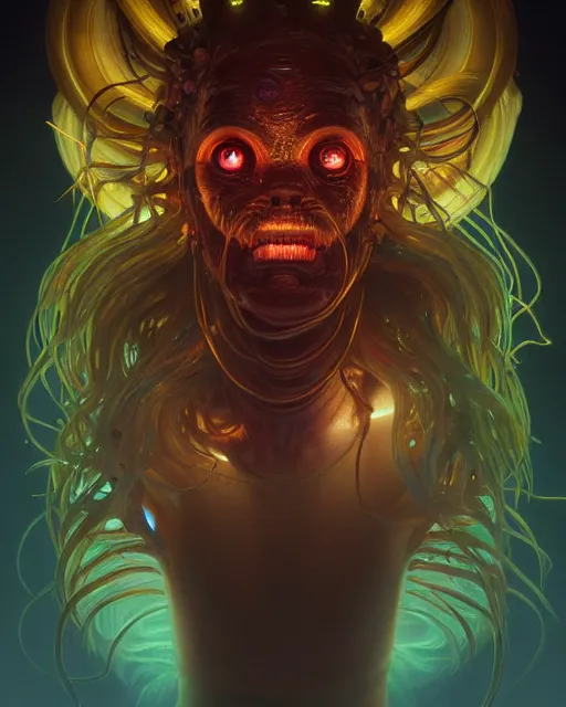 Image similar to portrait of a creepy bioluminescent monster, highly detailed, digital painting, cinematic, hyperrealism, dark retrowave, art by stanley lau and artgerm and magali villeneuve and alphonse mucha, artstation hd, octane render, cgsociety