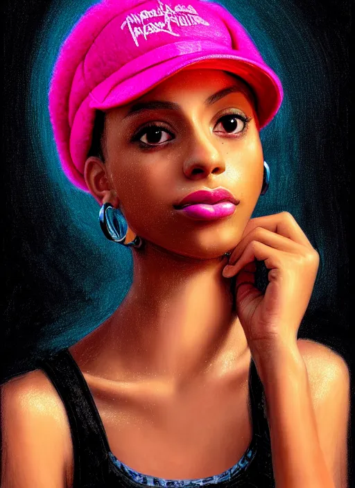 Image similar to portrait of teenage vanessa morgan with bright pink hair, black girl, vanessa morgan, curly pixie cut hair, wearing newsboy cap, newsboy cap, hoop earrings, intricate, elegant, glowing lights, highly detailed, digital painting, artstation, concept art, smooth, sharp focus, illustration, art by wlop, mars ravelo and greg rutkowski