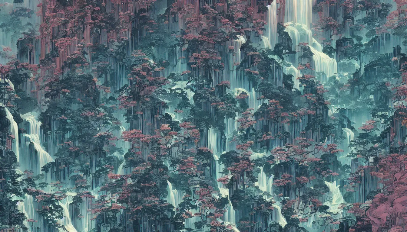 Prompt: waterfall, chinese ink brush, yukio - e, kilian eng, victo ngai, josan gonzalez