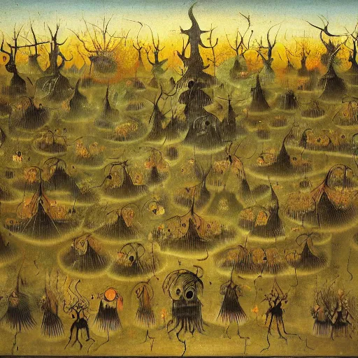 Prompt: a hieronymus bosch painting of a forest of tiny bonzai trees in pots, burning in flames, smoke in the sky, ominous, oil on canvas