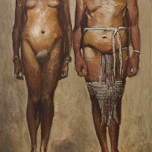 Prompt: a highly detailed oil painting of chalcolithic iberian man and woman, bell beaker people of the chalcolithic and early bronze age atlantic