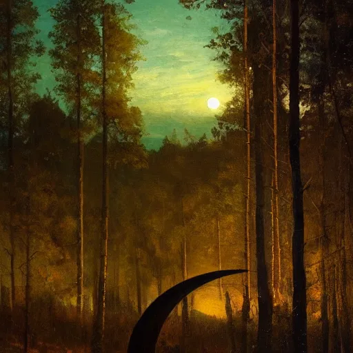 Prompt: close-up, cinematic, the crescent Moon in the sky, above the night forest, soft lighting, oil on canvas, by Perov, by Levitan, masterpiece, trending on artstation, cinematic composition, beautiful lighting, sharp, details, hyper-detailed, HD