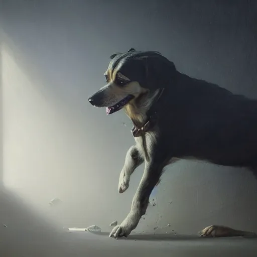 Image similar to a painting of a dog, greg rutkowski, cinematic lighting, hyper realistic painting