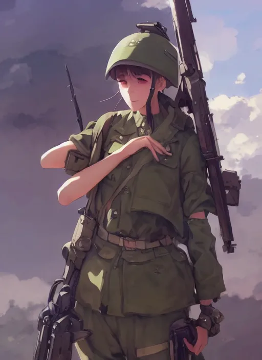 Image similar to portrait of cute soldier girl, cloudy sky background lush landscape illustration concept art anime key visual trending pixiv fanbox by wlop and greg rutkowski and makoto shinkai and studio ghibli and kyoto animation soldier clothing military gear realistic anatomy mechanized modern warfare