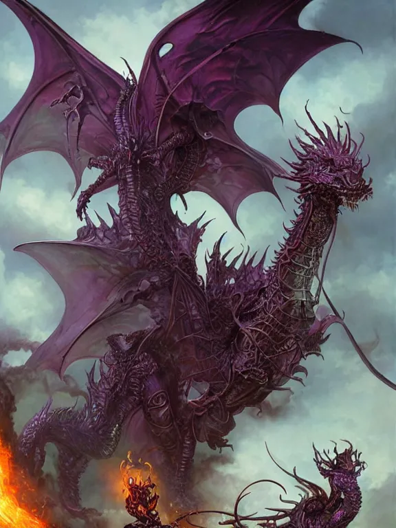 Image similar to black dragon breathing purple fire, ultra realistic, wide angle, intricate details, the fifth element artifacts, highly detailed by peter mohrbacher, hajime sorayama, wayne barlowe, boris vallejo, aaron horkey, gaston bussiere, craig mullins