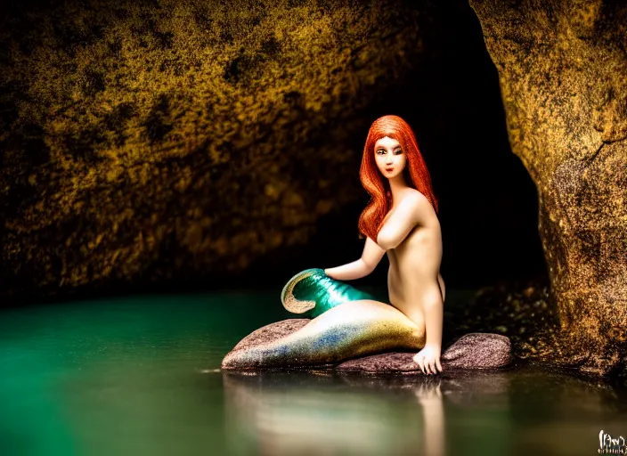 Prompt: fully clothed mermaid sitting on a rock in a river in an underground cave. fantasy magic style. highly detailed 8 k. intricate. lifelike. soft light. sony a 7 r iv 5 5 mm. cinematic post - processing