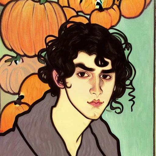 Image similar to painting of young cute handsome beautiful dark medium wavy hair man in his 2 0 s named shadow taehyung at the halloween pumpkin matcha party, straight nose, depressed, melancholy, autumn, elegant, clear, painting, stylized, delicate, soft facial features, delicate facial features, soft art, art by alphonse mucha, vincent van gogh, egon schiele