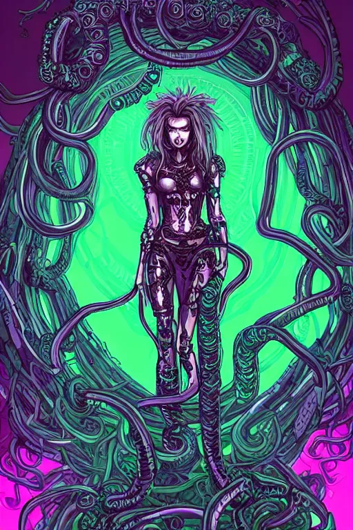 Image similar to Perfectly-centered Hyperdetailed symmetrical cinematic RPG portrait-illustration of a beautiful aetherpunk cyberpunk Medusa in a long neon-noir lovecraftian dress while her hair is made of huge ravepunk snakes. She's standing next to otherworldly towers in a surreal landscape with a cosmic horror blurred background, in the style of an epic sci-fi comic-book cover, 3D rim light, smooth digital art, sharp focus, 8K.