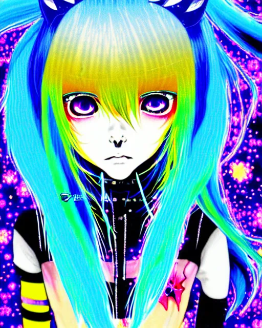 Image similar to neo tokyo japanese anime kawaii decora hologram of rimuru tempest, sky blue hair, golden yellow eyes, wearing black stylish clothing, holography, irridescent, baroque visual kei glitch art, a detailed pencil portrait with watercolor of a beautiful monster high doll, by sabrina eras, alice x. zhang, agnes cecile, blanca alvarez