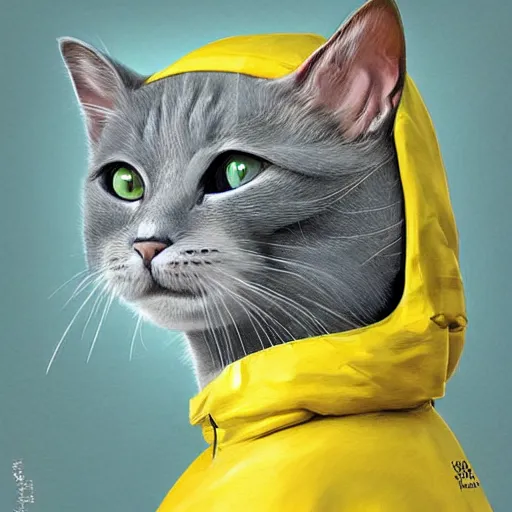 Prompt: head and shoulders masterpiece portrait of a cute adorable gray cat wearing a yellow spacesuit, surreal background, digital art by krenz cushart, trending on artstation, cgsociety,